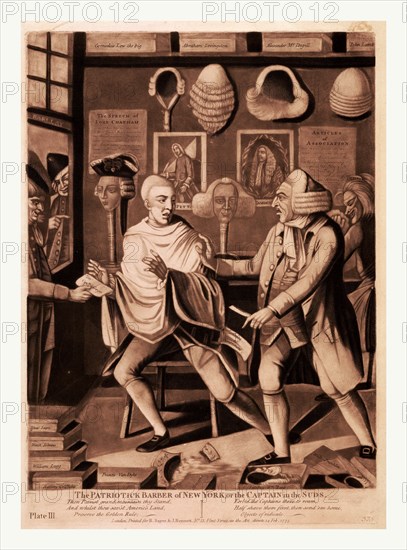 The patriotick barber of New York, or the Captain in the suds, en sanguine engraving, a New York barber refusing to finish shaving a customer after learning of his British identity.