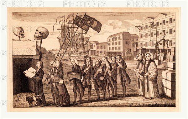 The repeal or the funeral of Miss Ame=Stamp, en sanguine engraving 1766, a funeral procession on the banks of the Thames, with warehouses in a line in the background, one of which is inscribed The Sheffield and Birmingham Warehouse Goods now ship'd for America. George Grenville carrys coffin inscribed Miss Ame-stamp B. 1765 died 1766. On the quay are two large bales, one of which is inscribed, Stamps from America, i.e., stamps returned to England as no longer needed, because of the repeal of the Stamp Act. The other is marked, black cloth from America, intended for the funeral procession which follows.
