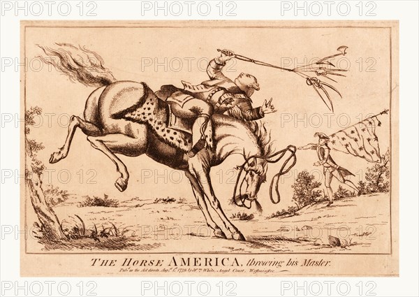 The horse America, throwing his master, en sanguine engraving shows a horse America throwing its rider, George III.