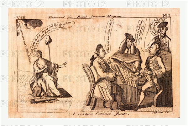 A certain cabinet junto, en sanguine engraving 1775, King George III, speechless (his caption balloon is empty), seated on the right in a high-backed chair at a table, with Lord North seated opposite presenting a paper to the King that states for the total abolition of Civil & Religs liberty in America and says, This will quell the rebels; standing behind the table is a man wearing clerical robes who adds, America is within the realm; and a man, probably Lord Bute, wearing a tam o'shanter, is standing behind the King's chair. A female figure is seated at the far left, holding a staff topped with a liberty cap, at her feet are a bow and a quiver of arrows, and Britannia's shield; she speaks toward the heavens Lord thou didst drive out the heathen before us, our hope is in thee, to which a reply issues from the clouds above, I have delivered and I will deliver.