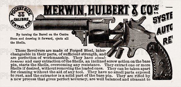 MERWIN, HULBERT & CO., 83 Chambers St., New York, system automatic revolvers, 19th century engraving