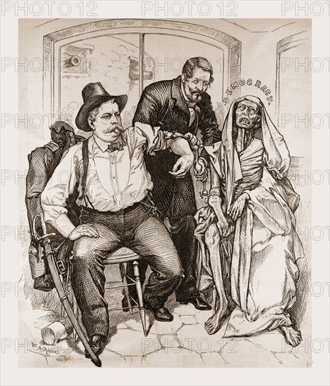 TRANSFUSION OF BLOODâ€îIS IT TOO LATE ?., 1880, 19th century engraving, USA, America