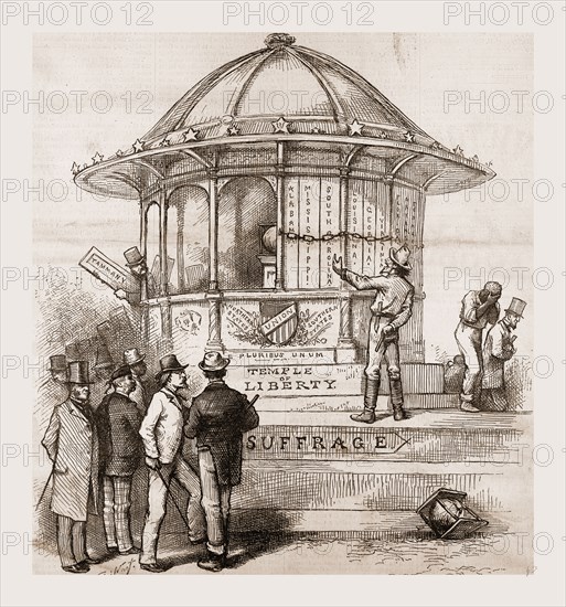 " FREEDOM OF SUFFRAGE TO THE BLACKS MEANS FREEDOM OF SUFFRAGE TO THE WHITES., 1880, 19th century engraving, USA, America