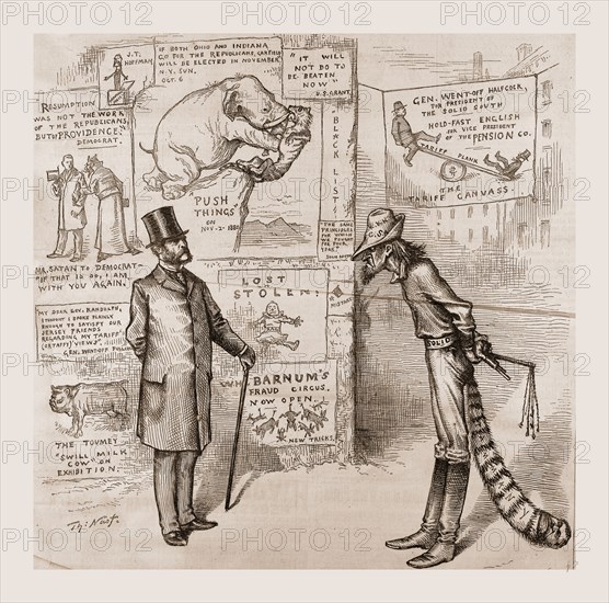 THE NORTH MEANS BUSINESS. NORTH TO SOUTH. "As long as you defy me with a solid front, I will NOT TURN MY BACK!"., 1880, 19th century engraving, USA, America