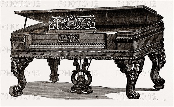 Beatty's Pianos, My price for this instrument boxed & delivered on board cars at $ 297.50 Washington, N. J.-with fine Piano Cover, Stool, Book, & Music, 1880, 19th century engraving, USA, America