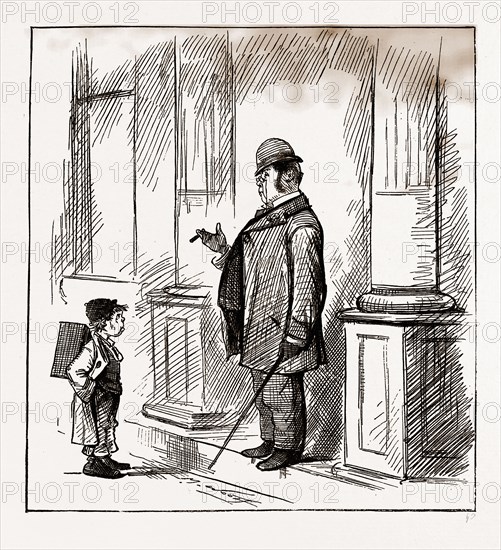 MAN (with severity). " Go away, go away ; do I look as if I wanted a shine ?" Boy, " Well, I don't think a little polish would hurt you much !"", 1880, 19th century engraving, USA, America