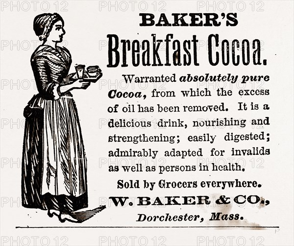 Baker's Breakfast Cocoa", 1880, 19th century engraving, USA, America