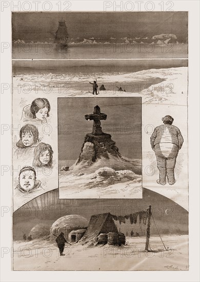 The search for Sir John Franklin, 1. Nearing the Ice-Pack. 2. Smith Point, where the Northwest Passage Ship sank. 3. Group of Portraits ; Toweeniah ; Tooktoocheer ; Ahlangyah ; Ogzeuckjuock. 4. The Mate with his " Jib Pieces." 5. Monument at Starvation Cove. 6. Winter-Quarters at Camp Daly., 1880, 19th century engraving