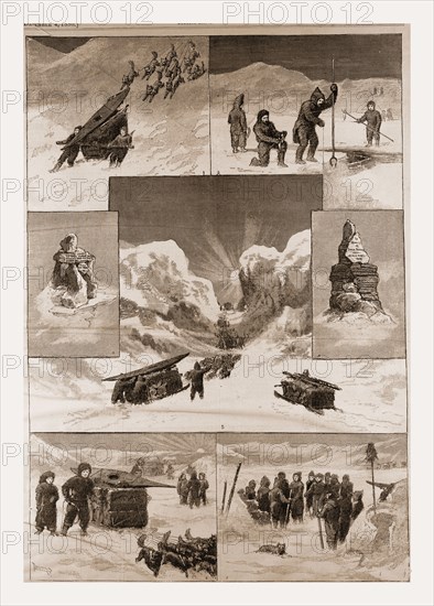 The search for Sir John Franklin, 3. Cenotaph erected by Captain Hall. 4. Lieutenant Irving's Monument. 5. Southwest Passâ€îthe Sledge Party en Route. 6. Toolooah's Sledge. 7. Meeting the Ooqueesiksilliks, 1880, 19th century engraving