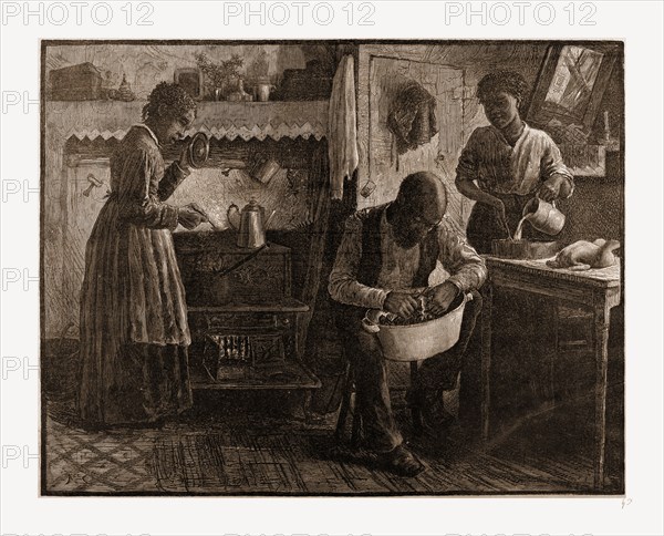 PREPARING THE THANKSGIVING DINNER.-DRAWN BY S. G. MCCUTCHEON, 1880, USA, America, 19th century engraving