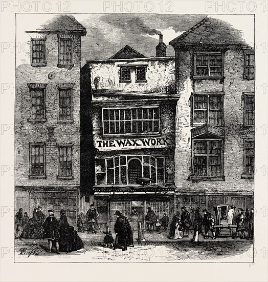 MRS. SALMON'S WAXWORK, FLEET STREET, PALACE OF HENRY VIII. AND CARDINAL WOLSEY. London, UK, 19th century engraving