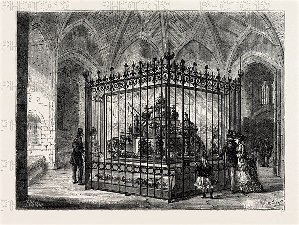 THE JEWEL ROOM AT THE TOWER. London, UK, 19th century engraving