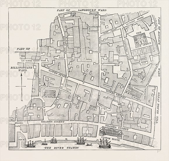 TOWER STREET WARD. London, UK, 19th century engraving, map