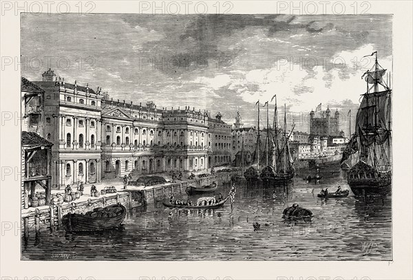 THE OLD CUSTOM HOUSE in 1753. London, UK, 19th century engraving. 18th century view by Maurer