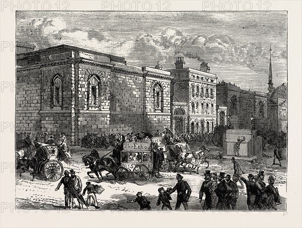 FRONT OF NEWGATE FROM THE OLD BAILEY. London, UK, 19th century engraving