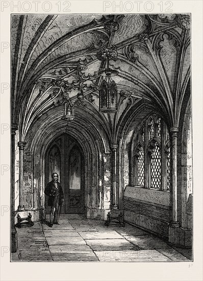 PORCH OF ST. SEPULCHRE'S CHURCH. London, UK, 19th century engraving