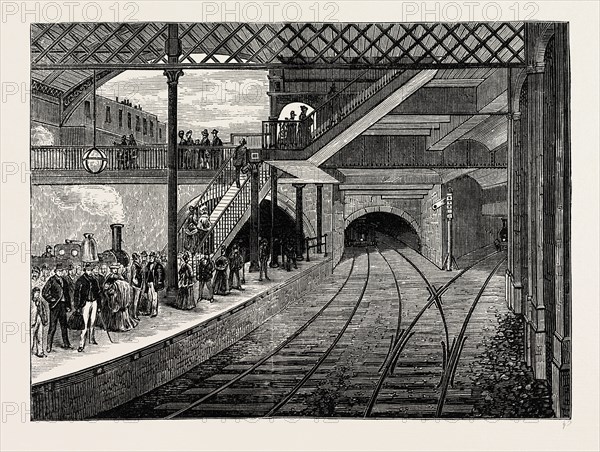 KING'S CROSS UNDERGROUND STATION IN 1868. London, UK, 19th century engraving