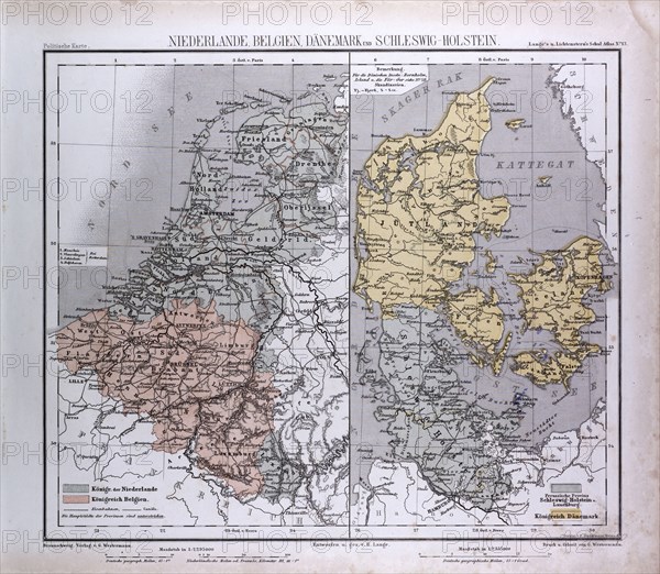 The Netherlands, Belgium, Danmark, Schleswig-Holstein, atlas by Th. von Liechtenstern and Henry Lange, antique map 1869