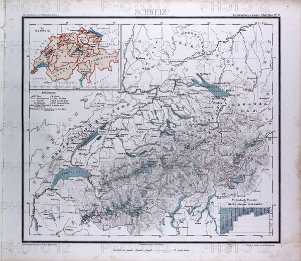 Switzerland, Schweiz, atlas by Th. von Liechtenstern and Henry Lange, antique map 1869