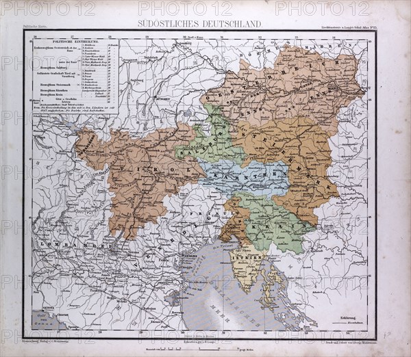 South East Germany, Sudostliches Deutschland, atlas by Th. von Liechtenstern and Henry Lange, antique map 1869