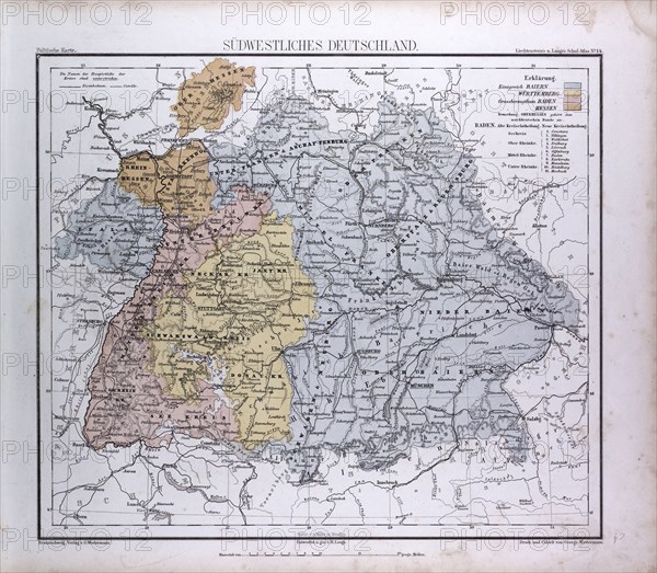 South West Germany, Sudwestliches Deutschland, atlas by Th. von Liechtenstern and Henry Lange, antique map 1869