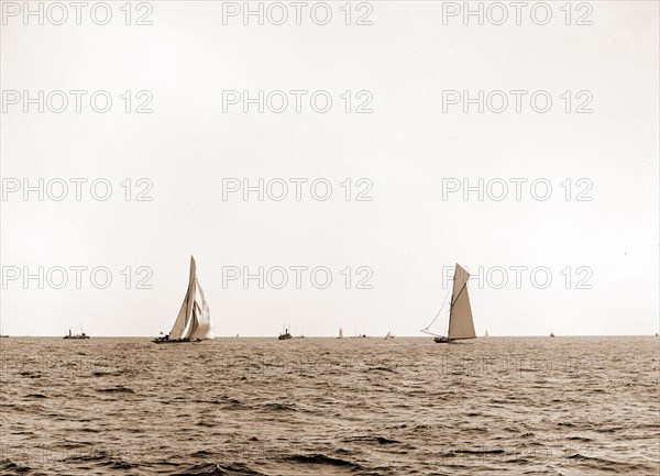 Columbia and Shamrock after the start, Columbia (Sloop), Shamrock I (Yacht), America's Cup races, Yachts, Regattas, 1899