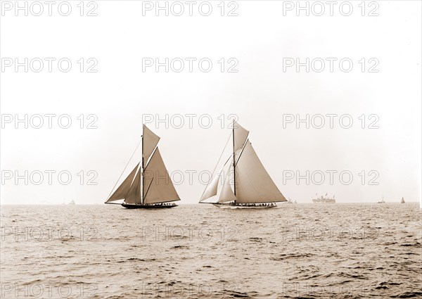 Shamrock I and Columbia coming for the line, Columbia (Sloop), Shamrock I (Yacht), America's Cup races, Regattas, Yachts, 1899