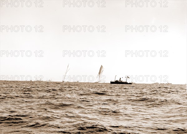 Columbia and Shamrock I, ready for the start, Oct. 7, '99, Columbia (Sloop), Shamrock I (Yacht), America's Cup races, Regattas, Yachts, 1899