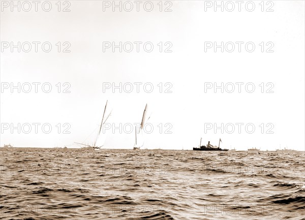 Columbia and Shamrock I coming for the line, Columbia (Sloop), Shamrock I (Yacht), America's Cup races, Regattas, Yachts, 1899