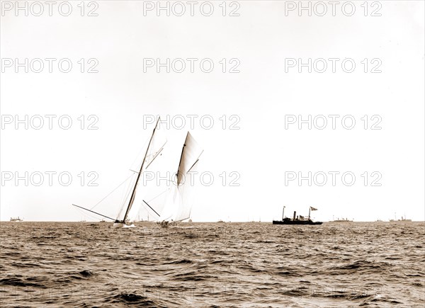 Columbia driving by the Shamrock I, Columbia (Sloop), Shamrock I (Yacht), America's Cup races, Regattas, Yachts, 1899