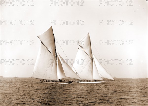 Shamrock and Columbia maneuvering for the start, Columbia (Sloop), Shamrock I (Yacht), America's Cup races, Regattas, Yachts, 1899
