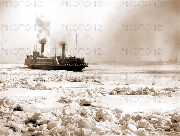Car ferry turning in ice, Detroit River, Railroad cars, Ferries, Rivers, Ice, Winter, United States, Michigan, Detroit River, United States, Michigan, Detroit, 1880