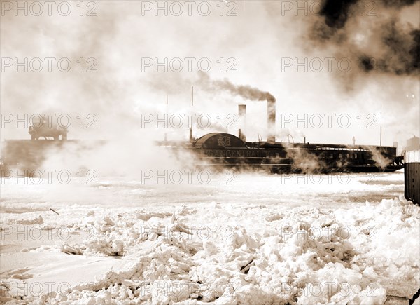 Car ferry turning in ice, Detroit River, Michigan Central (Ferry), Ferries, Rivers, Ice, Winter, United States, Michigan, Detroit River, United States, Michigan, Detroit, 1880