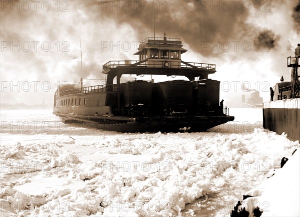 Car ferry, Michigan Central, entering slip, Detroit River, Michigan Central (Ferry), Railroad cars, Ferries, Rivers, Ice, Winter, Piers & wharves, United States, Michigan, Detroit River, United States, Michigan, Detroit, 1880