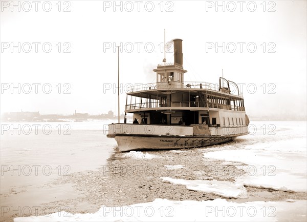 Detroit River ferry boat in ice, Excelsior (Ferry boat), Ice, Ferries, Rivers, United States, Michigan, Detroit River, 1880