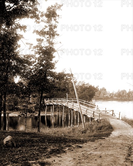 Bridge between Hogsback and Belleview Island, Lake Orion, Mich, Pedestrian bridges, Lakes & ponds, Islands, United States, Michigan, Orion, Lake, United States, Michigan, Belleview Island, 1890