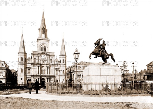 Jackson Square and St. Louis Cathedral, New Orleans, La, Jackson, Andrew, 1767-1845, Statues, Plazas, Cathedrals, Sculpture, United States, Louisiana, New Orleans, 1900