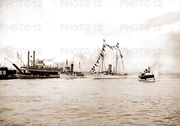 Mardi Gras, New Orleans, approach of fleet with Rex, Galveston (Cruiser), Mardi Gras, Parades & processions, Rivers, Cruisers (Warships), American, United States, Louisiana, New Orleans, United States, Mississippi River, 1900