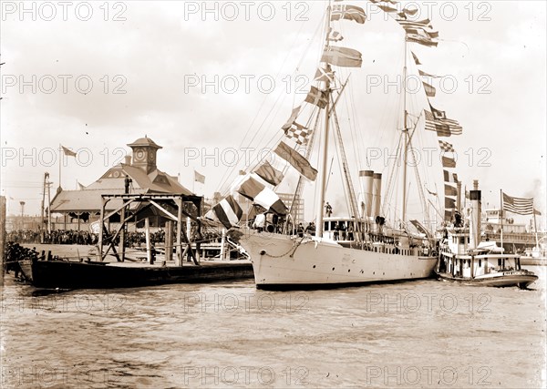 Mardi Gras, New Orleans, U.S.S. Galveston with Rex, Galveston (Cruiser), Cruisers (Warships), American, Carnival, United States, Louisiana, New Orleans, 1900