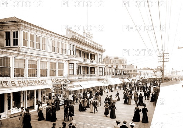 Board walk towards Steel Pier, Atlantic City, N.J, Commercial facilities, Boardwalks, United States, New Jersey, Atlantic City, 1900