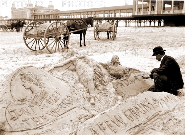 The Sandman, Atlantic City, N.J, Beaches, Sand sculpture, United States, New Jersey, Atlantic City, 1880