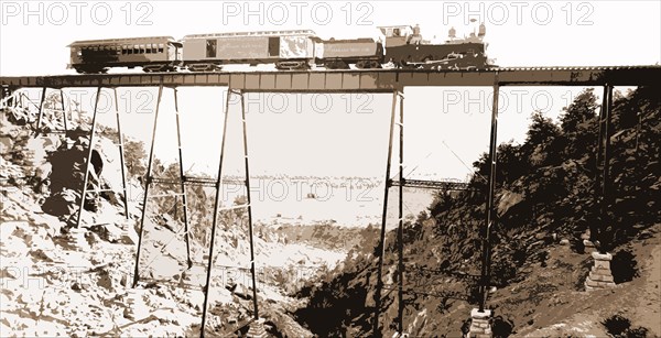 High bridge near Buena Vista, Jackson, William Henry, 1843-1942, Railroad bridges, Railroads, Canyons, United States, Colorado, Buena Vista, 1880
