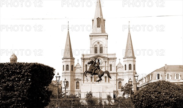 The Jackson Monument and St. Louis Cathedral, Jackson, William Henry, 1843-1942, Jackson, Andrew, 1767-1845, Statues, Cathedrals, Plazas, Sculpture, United States, Louisiana, New Orleans, 1880