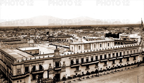 Ropocatapetl sic and Iztachihuatl sic from the cathedral, Jackson, William Henry, 1843-1942, Castles & palaces, Volcanoes, Mexico, Mexico City, Mexico, Iztaccihuatl, Mexico, Popocatapetl, 1880