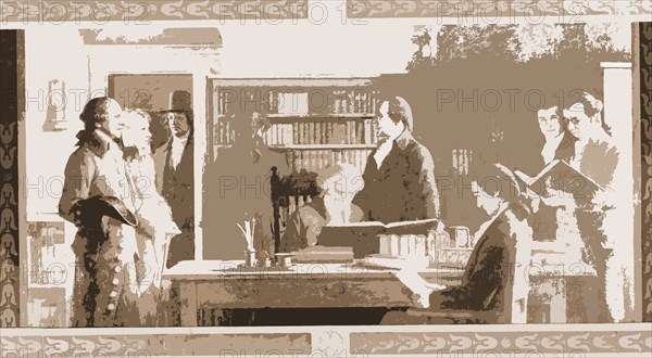 Benjamin Franklin opening first subscription library in Philadelphia, Mills, Charles E, Franklin, Benjamin, 1706-1790, Library Company of Philadelphia, Libraries, Reading, Interiors, United States, Pennsylvania, Philadelphia, 1900