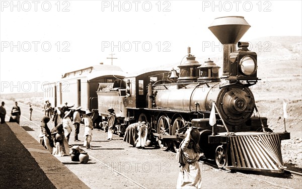 Mexican Central Railway train at station, Mexico, Jackson, William Henry, 1843-1942, Railroad locomotives, Railroad stations, Mexico, 1880