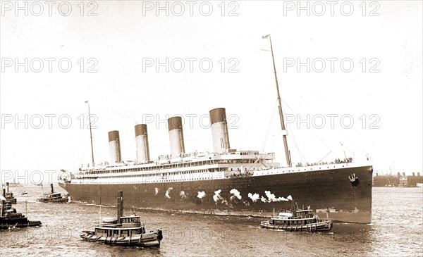 White Star S.S. Olympic guided in by tugboats Geo. K. Kirkham and Dowmer, Olympic (Steamship), Ocean liners, Tugboats, 1911