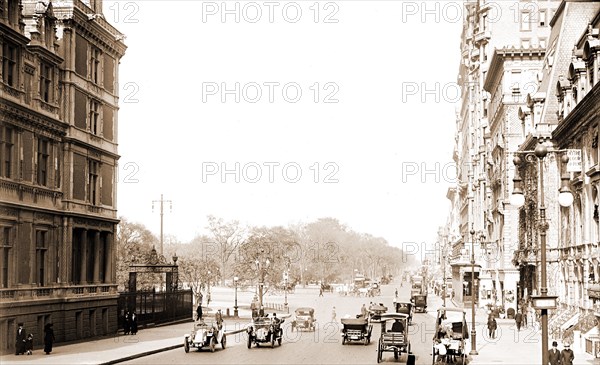 Fifth Avenue at Fifty-seventh Street, north to Central Park, New York City, Parks, Streets, United States, New York (State), New York, 1900