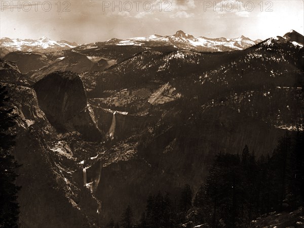 The high Sierras from Glacier Point, Jackson, William Henry, 1843-1942, Valleys, Waterfalls, Mountains, National parks & reserves, United States, California, Yosemite Valley, United States, California, Yosemite National Park, 1880