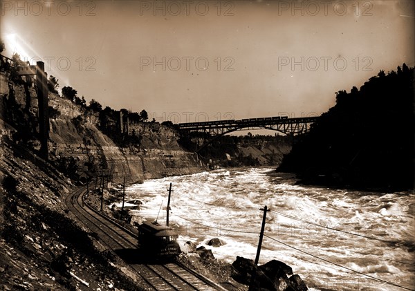 Niagara Gorge with Michigan Central Cantilever Bridge and Whirlpool Rapids Bridge, New York, Rivers, Railroad bridges, Electric railroads, United States, New York (State), Niagara River, Canada, Ontario, Niagara River, 1880